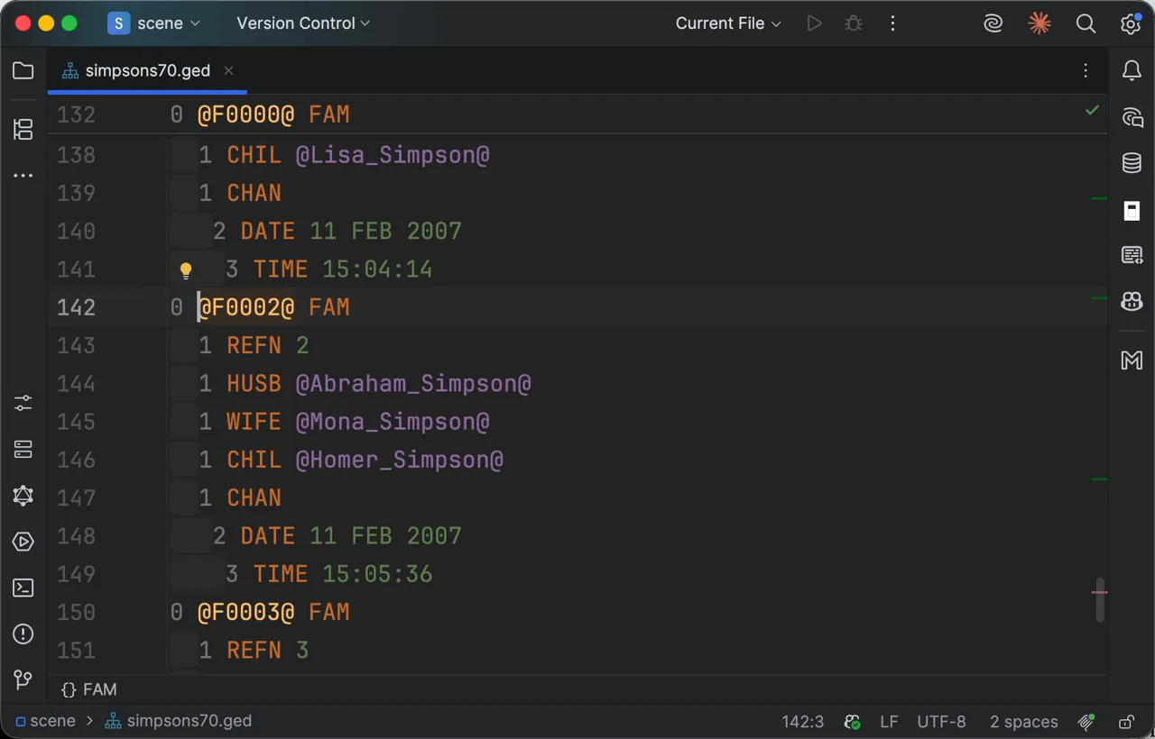 WebStorm with simpsons70.ged open. Go to definition on the cross-reference in Abraham Simpson's FAMS line jumps to the family record that holds his wife and son, and the back gesture returns to where it started.