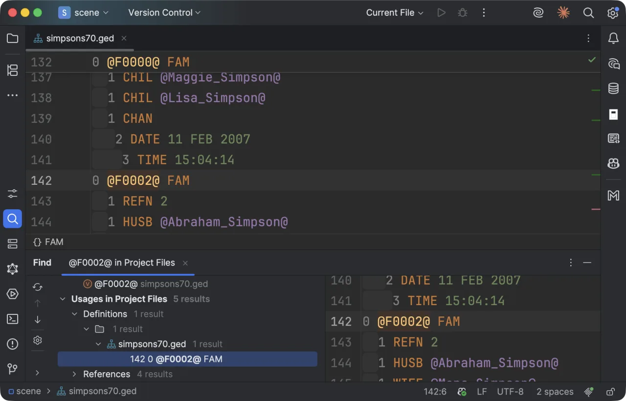 The Find tool window listing the five usages of @F0002@ in the file — one definition and four references — with the record previewed beside the list.