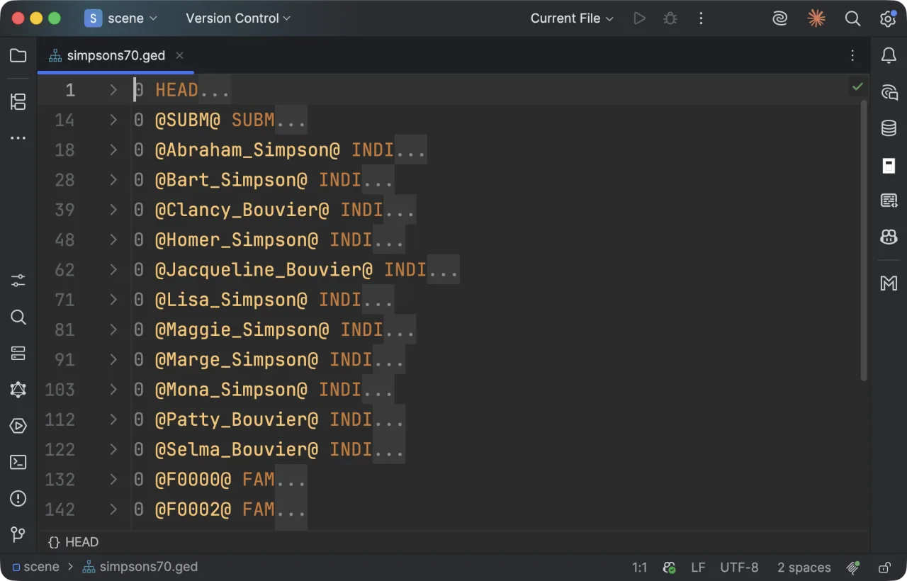 Every record in simpsons70.ged collapsed to a single line, so the file reads as a list of the Simpsons and Bouviers and the families joining them.