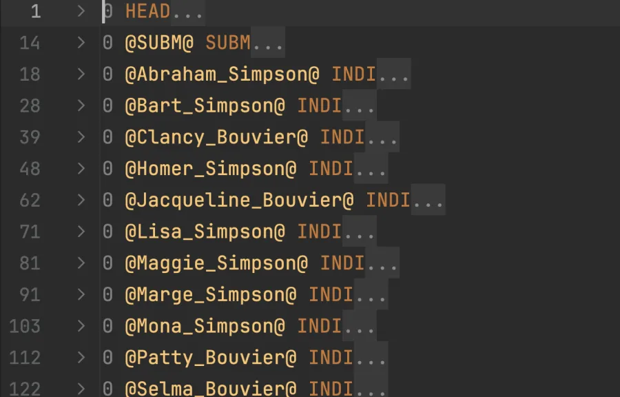 Every record of a GEDCOM file folded to one line each in WebStorm, listing the Simpsons and the Bouviers by name.