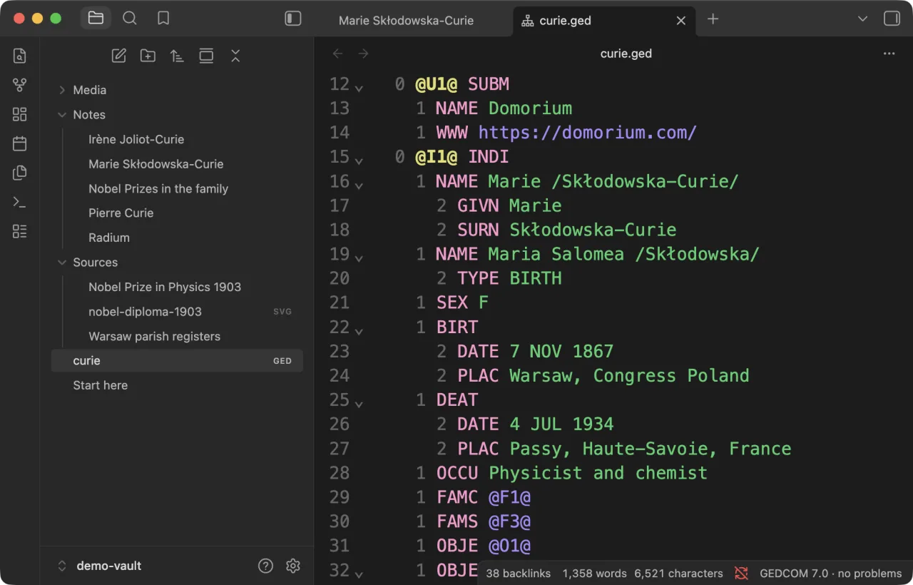 curie.ged open in Obsidian's file explorer beside the vault's notes, Marie Skłodowska-Curie's record indented by level, and a status bar reading “GEDCOM 7.0 · no problems”.