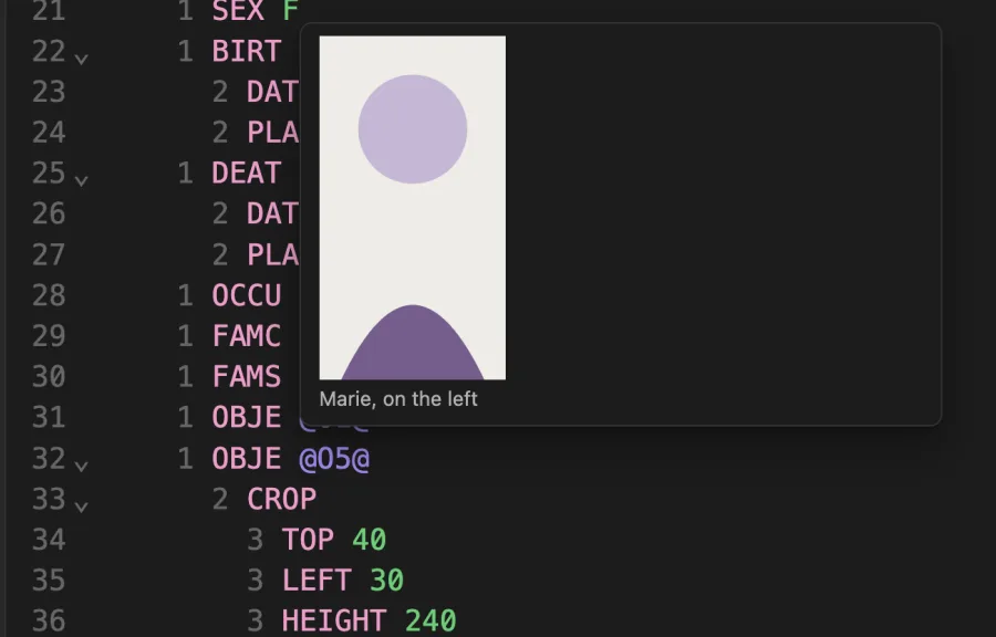 A photograph previewed in Obsidian, cropped to one person and captioned “Marie, on the left”, beside the CROP lines of the record that asks for that rectangle.