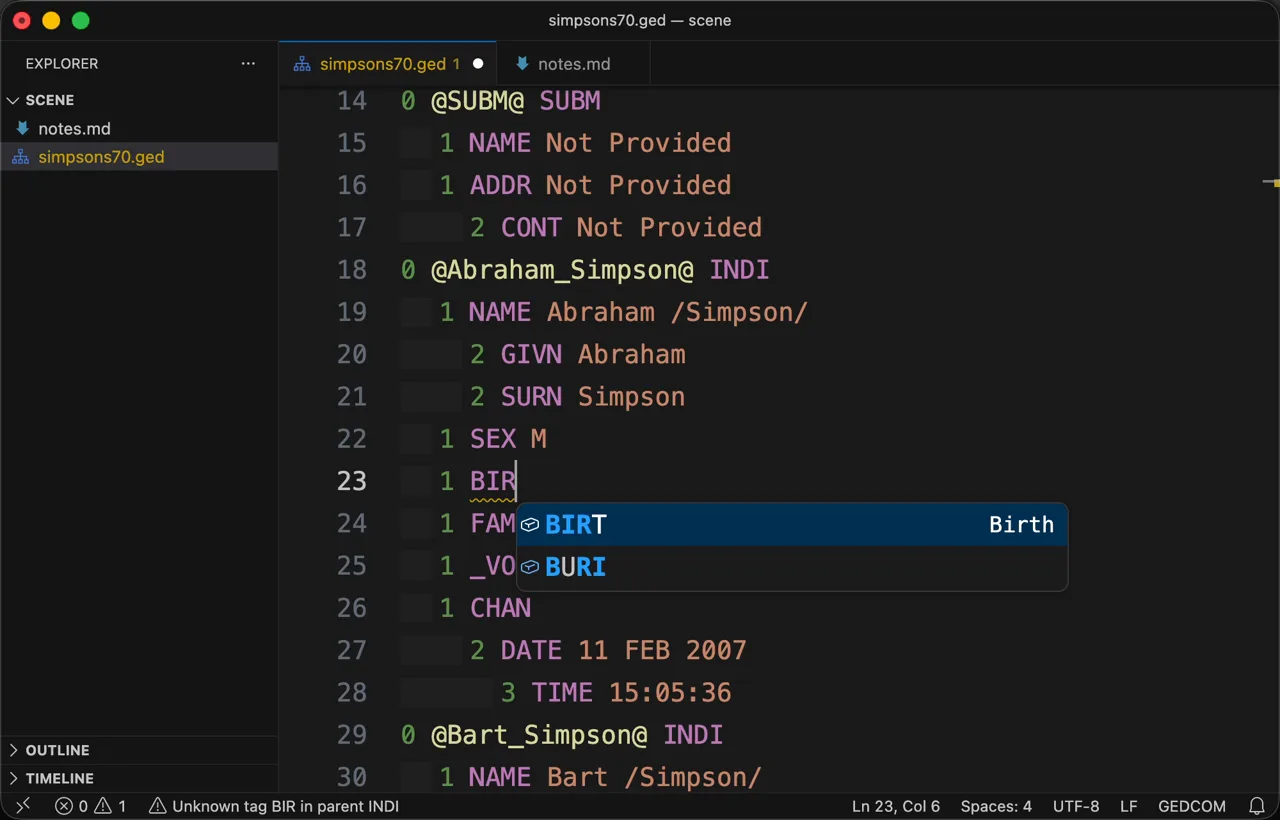 Visual Studio Code with simpsons70.ged open. Typing 1 BIR offers BIRT and BURI with their meanings; accepting BIRT leaves a warning that the tag asserts nothing, and adding 2 DATE 24 MAY 1899 under it clears the file to no problems.