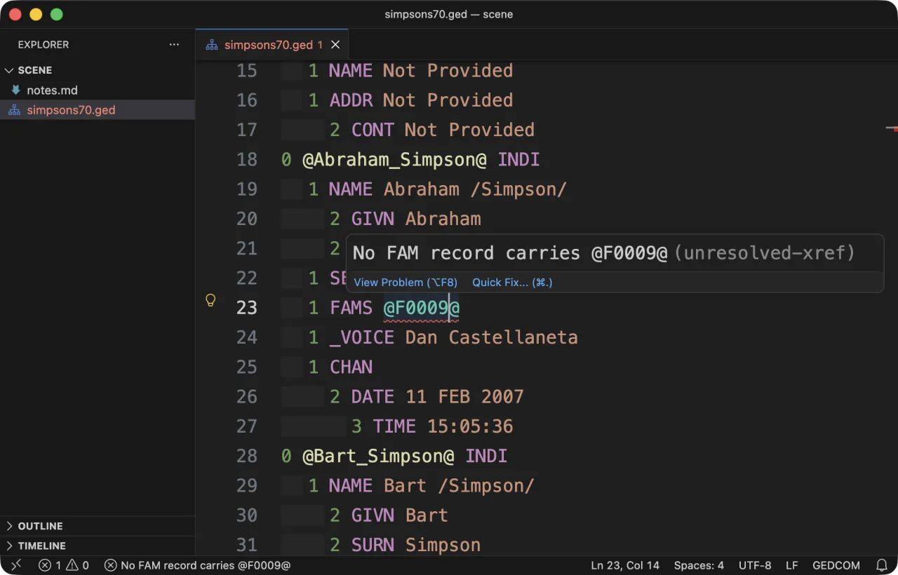 A cross-reference @F0009@ underlined in red inside Abraham Simpson's record, with the message “No FAM record carries @F0009@ (unresolved-xref)” and links to view the problem or apply a quick fix.