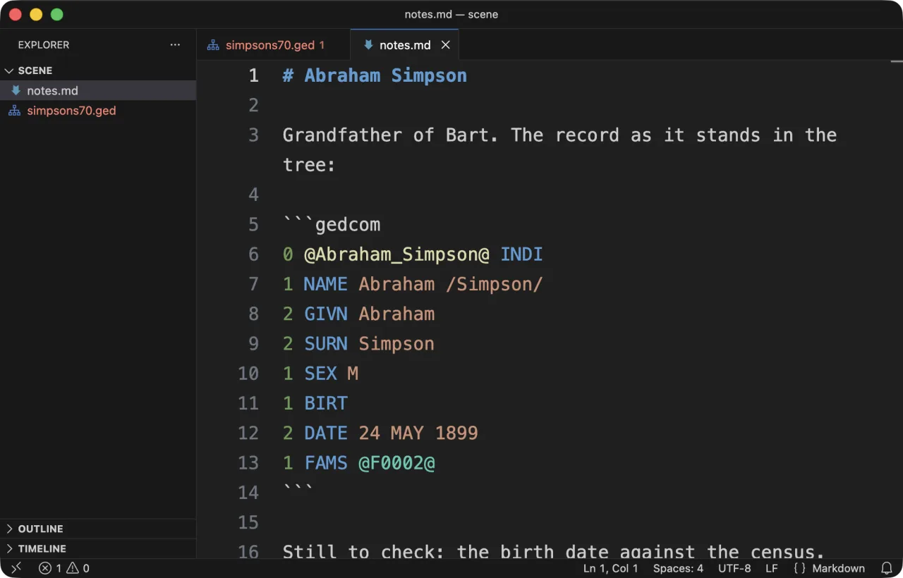 A Markdown file about Abraham Simpson with a fenced gedcom block, its levels, tags and cross-reference coloured as they are in a .ged file.