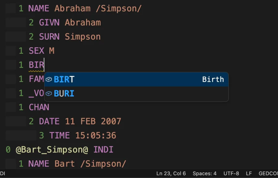 A completion list open in Visual Studio Code over Abraham Simpson's record, offering BIRT and BURI with their meanings beside them.